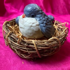 Blue and White Bird Figurine in Nest